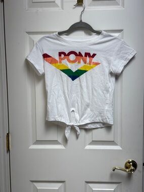 Pony White Short Sleeve Tie-Front Tee with Rainbow Logo